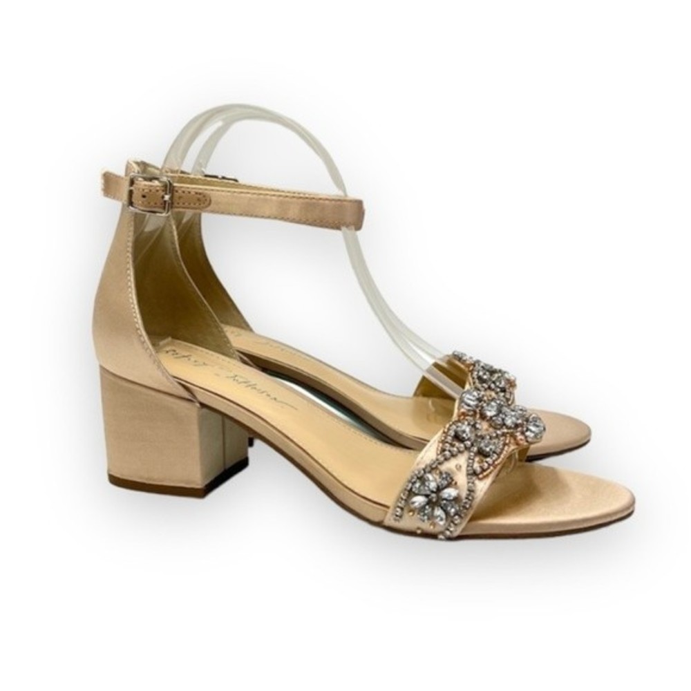 Betsey Johnson‎ Size 8.5 Jeweled Jewel Champagne Block Heels Dress Sandals Shoes